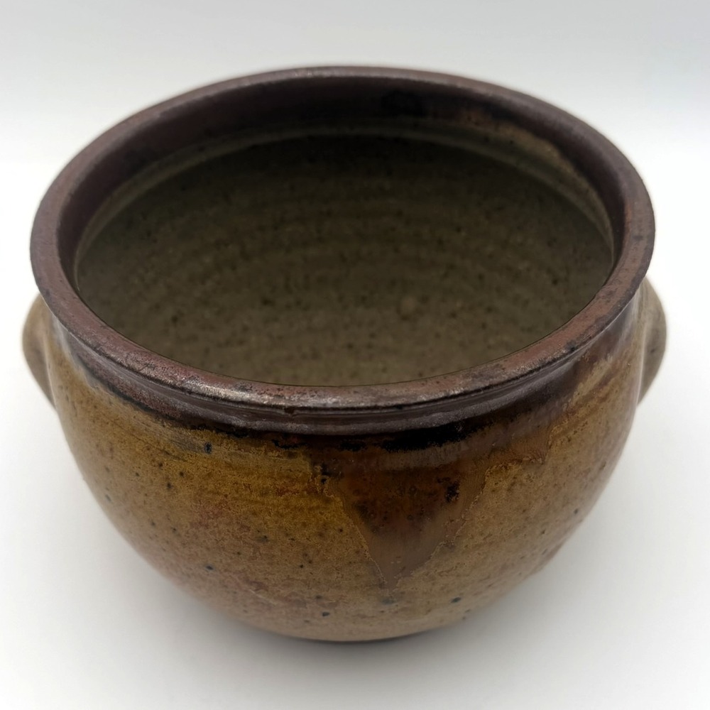 Signed Studio Pottery Bowl Lug Handles Brown Tan Salt Glaze Rustic